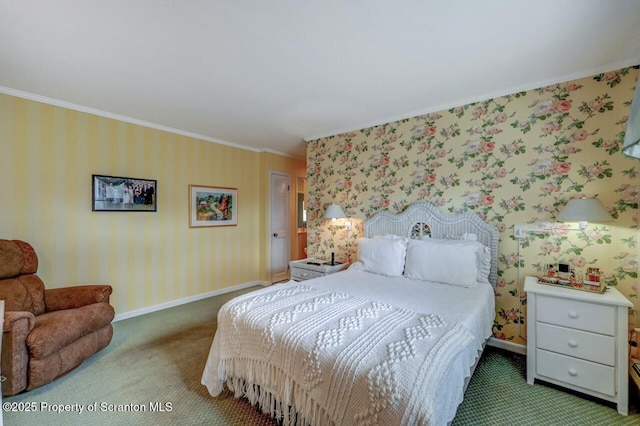 bedroom featuring wallpapered walls, baseboards, carpet floors, and crown molding