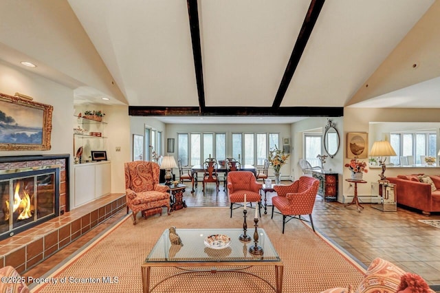living room with high vaulted ceiling, a baseboard radiator, recessed lighting, and a fireplace