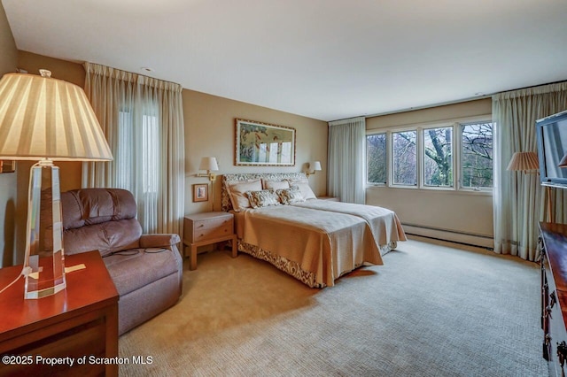 bedroom featuring carpet flooring, a baseboard radiator, and multiple windows