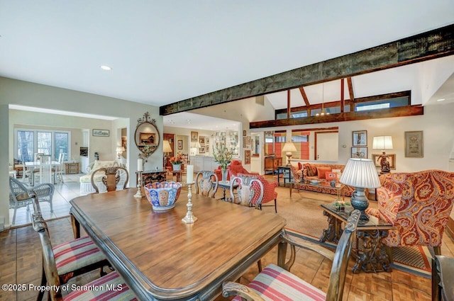 dining room with recessed lighting and beam ceiling