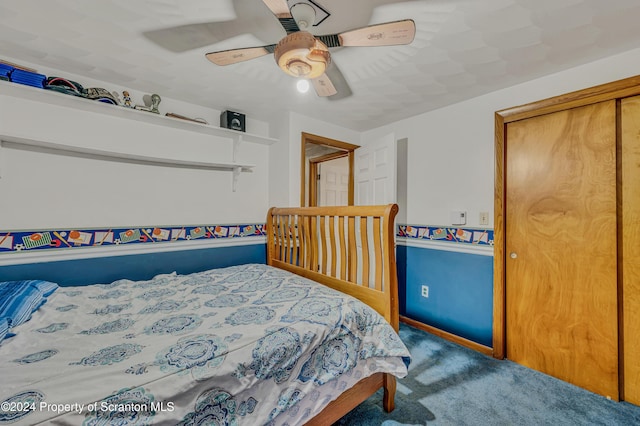 carpeted bedroom with ceiling fan