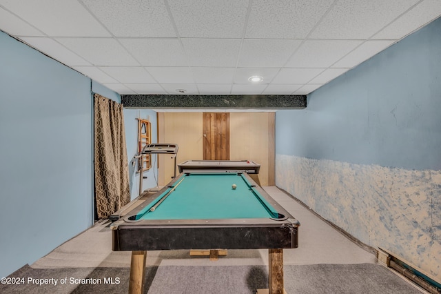 recreation room featuring a drop ceiling and pool table