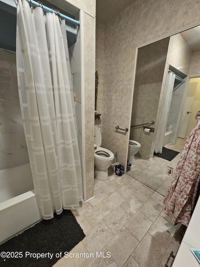bathroom with toilet and shower / bath combination with curtain
