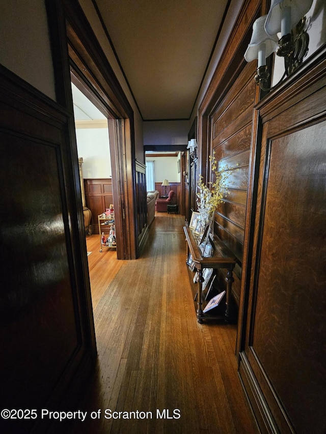 hall with wood walls and wood finished floors