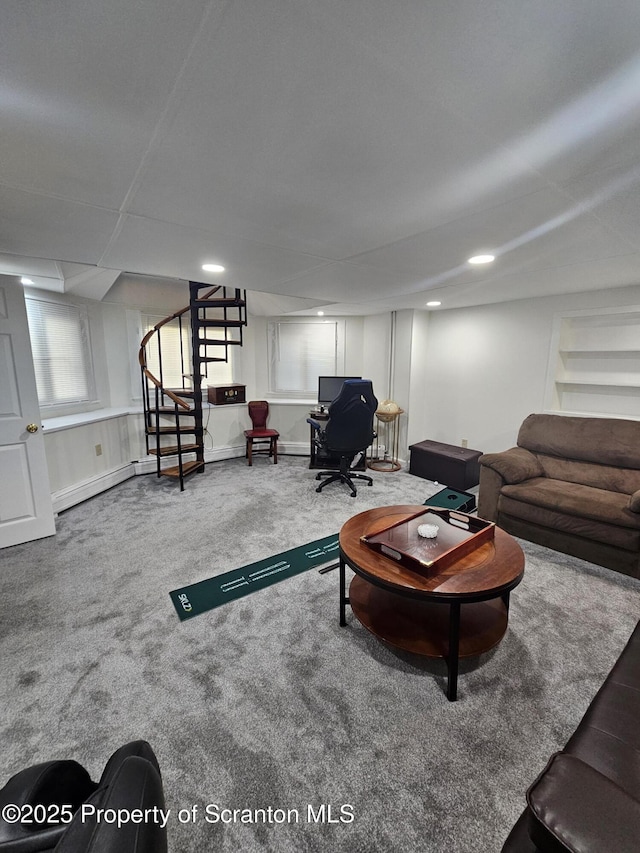 living area with stairway and carpet floors