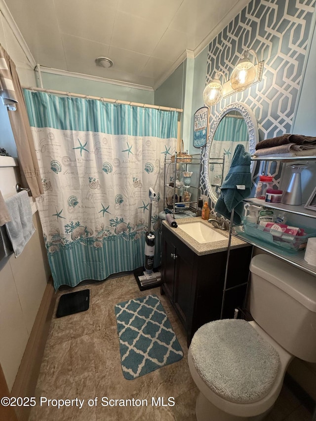 298 Crosstown Hwy, Union Dale, PA 18470 - bathroom with crown molding, vanity, and curtained shower