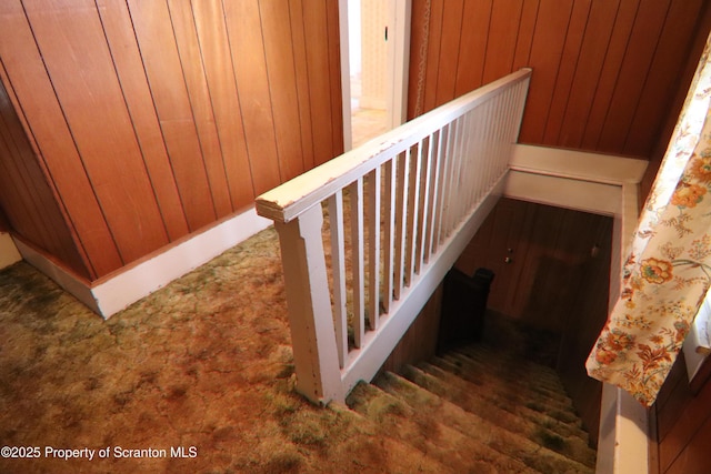 staircase featuring carpet floors and wooden walls