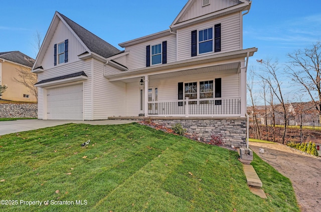 traditional-style home featuring a garage, concrete driveway, covered porch, board and batten siding, and a front yard