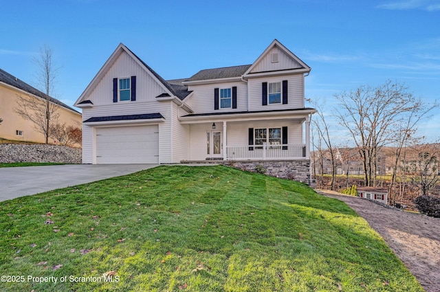 view of front of property with a porch, concrete driveway, board and batten siding, a garage, and a front lawn