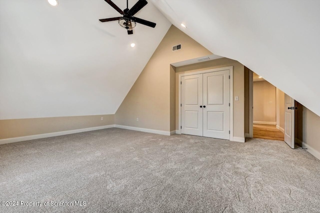 additional living space featuring ceiling fan, recessed lighting, carpet floors, baseboards, and vaulted ceiling