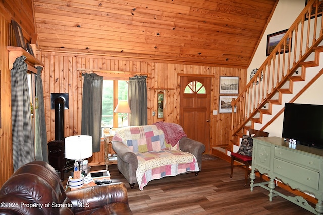 219 Sutton Rd, New Milford, PA 18834 - living room with vaulted ceiling, wooden walls, stairway, wood finished floors, and wooden ceiling