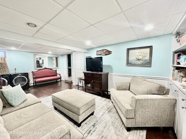 203 Wells St, Clarks Summit, PA 18411 - living area with dark wood-style floors, a paneled ceiling, a wainscoted wall, and recessed lighting