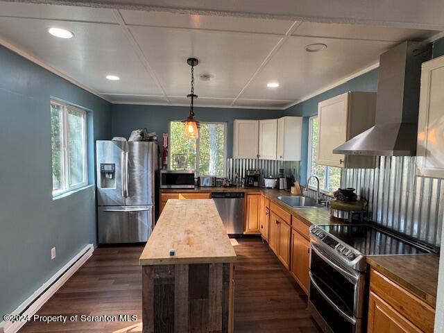 kitchen featuring a baseboard radiator, stainless steel appliances, wall chimney range hood, wood counters, and dark hardwood / wood-style flooring