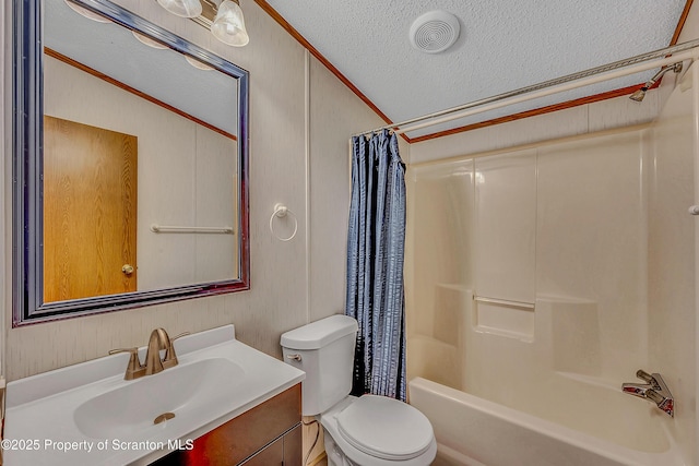 13 Hillside St Unit L 25, Nicholson, PA 18446 - bathroom featuring a textured ceiling, ornamental molding, vanity, shower / tub combo, and toilet