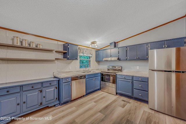 13 Hillside St Unit L 25, Nicholson, PA 18446 - kitchen featuring appliances with stainless steel finishes, blue cabinetry, a textured ceiling, crown molding, and open shelves