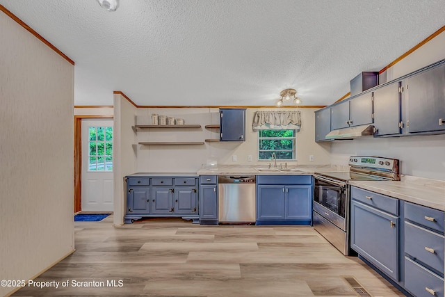 13 Hillside St Unit L 25, Nicholson, PA 18446 - kitchen with stainless steel appliances, blue cabinets, a sink, plenty of natural light, and a textured ceiling