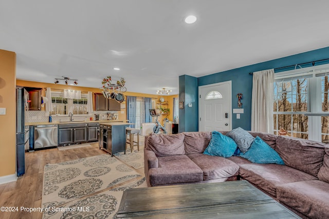 living room with light hardwood / wood-style floors, a wealth of natural light, and sink