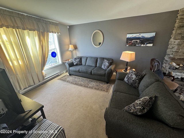 living room featuring carpet floors and a baseboard radiator