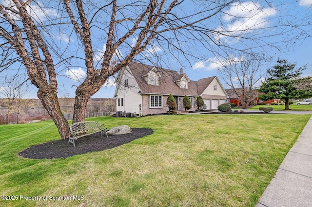 cape cod house with a front lawn, brick siding, central AC unit, and aphalt driveway