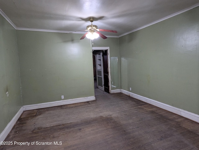 unfurnished room featuring hardwood / wood-style flooring, ceiling fan, and ornamental molding