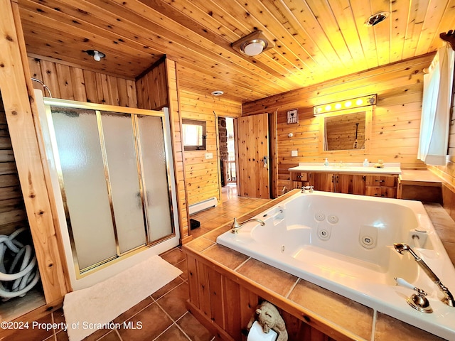 bathroom featuring wooden ceiling, a baseboard radiator, tile patterned floors, separate shower and tub, and wood walls