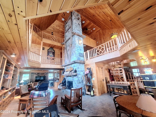 living room featuring wood walls, a fireplace, high vaulted ceiling, and wood ceiling