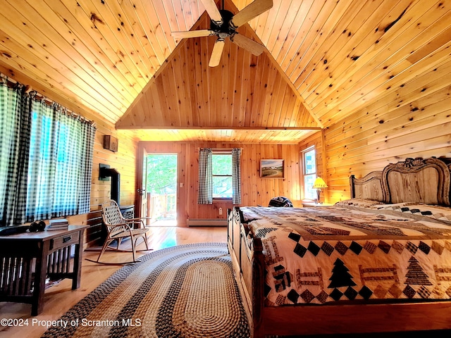 bedroom featuring light wood-type flooring, a baseboard radiator, wooden walls, and wood ceiling