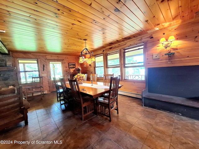 dining space featuring wood walls, wood ceiling, and baseboard heating