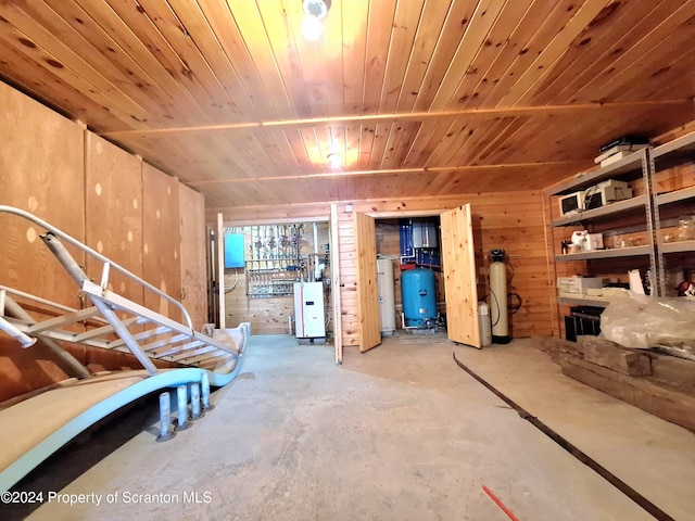 basement featuring wood walls and wooden ceiling