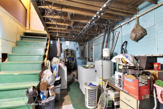 basement with electric panel, electric water heater, and washing machine and dryer