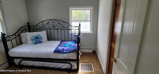 bedroom featuring dark colored carpet and baseboard heating