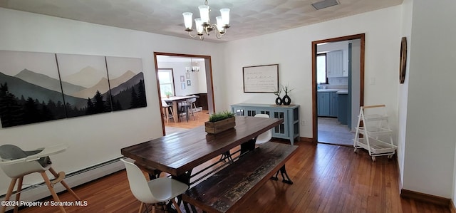 dining room featuring a chandelier, dark hardwood / wood-style floors, and baseboard heating