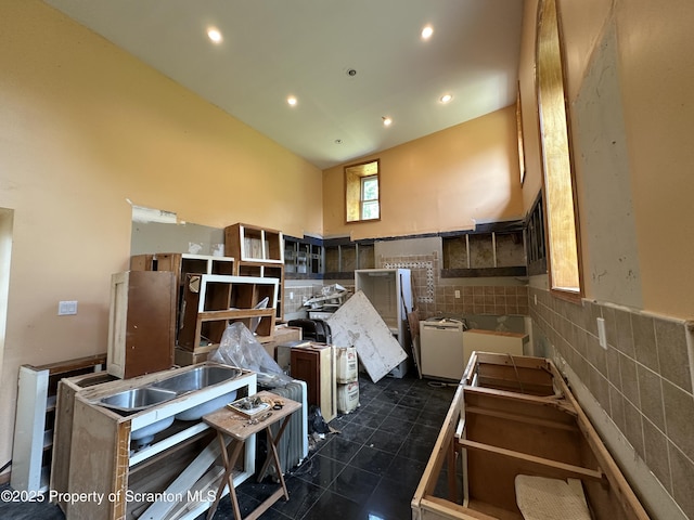 439 Old Union Rd, Equinunk, PA 18417 - misc room featuring tile walls, a wainscoted wall, lofted ceiling, and recessed lighting