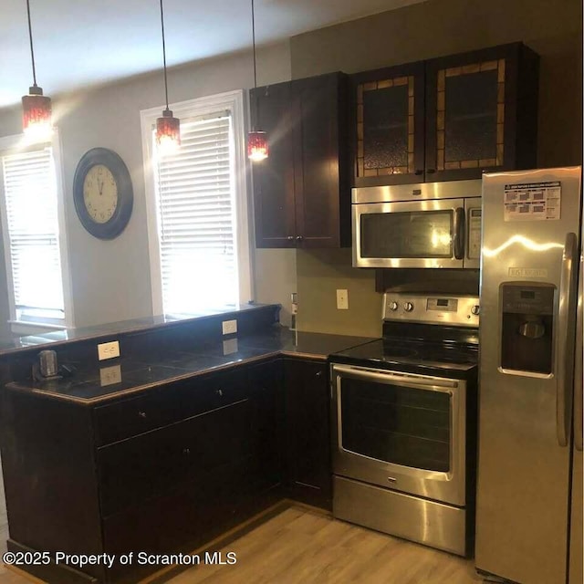 kitchen with a wealth of natural light, hanging light fixtures, stainless steel appliances, and light hardwood / wood-style floors