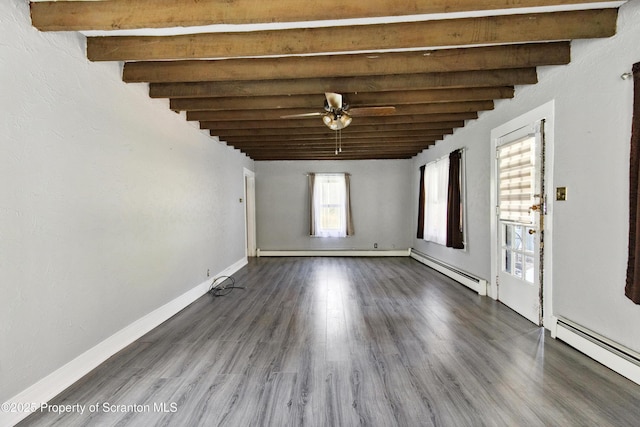 675 Apple Tree Rd, Harding, PA 18643 - spare room featuring beam ceiling, baseboard heating, ceiling fan, and dark wood-style floors