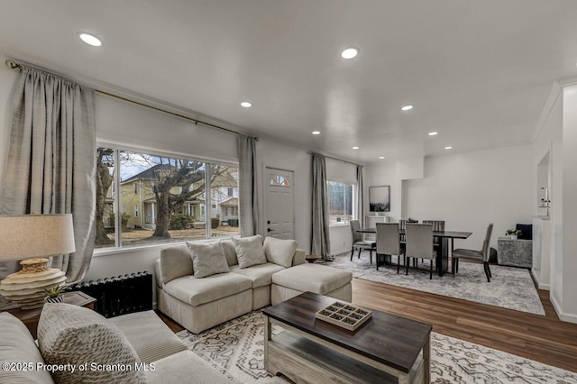 living area with a healthy amount of sunlight, baseboards, wood finished floors, and recessed lighting