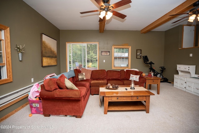 carpeted living room featuring ceiling fan, beam ceiling, and a baseboard heating unit