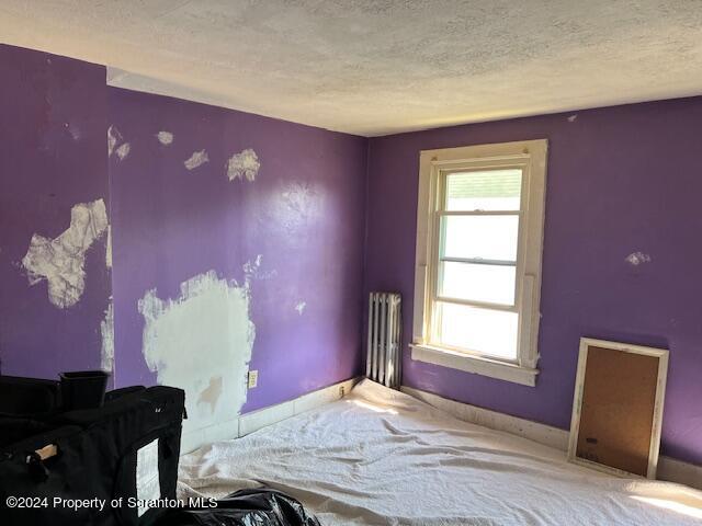 interior space with radiator heating unit and a textured ceiling