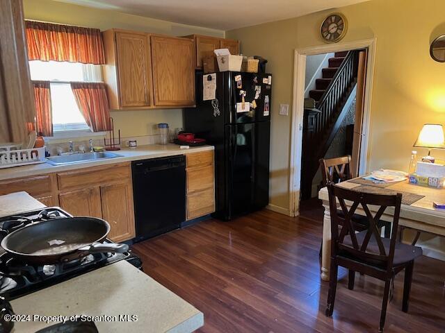 kitchen with black appliances, dark hardwood / wood-style flooring, and sink