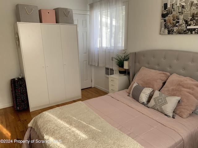 bedroom with wood-type flooring and a closet