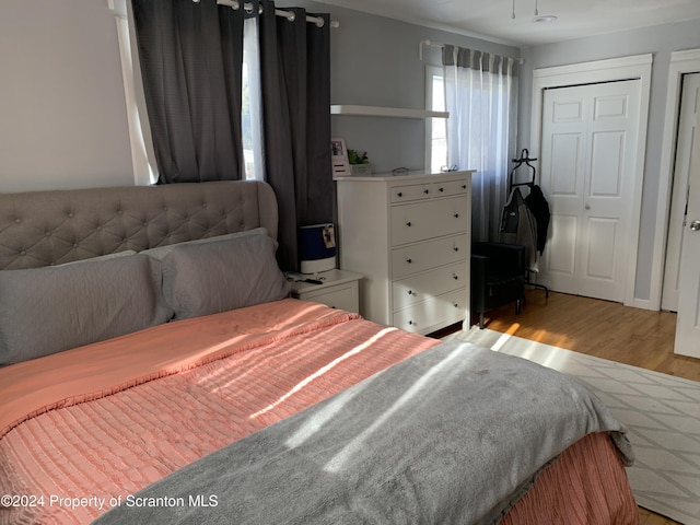 bedroom with light wood-type flooring and a closet