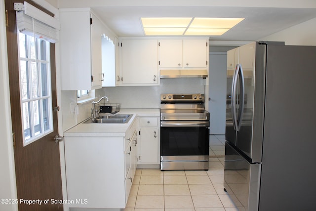 kitchen featuring sink, stainless steel appliances, white cabinetry, and light tile patterned flooring