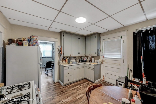 401-405 S Main Ave, Scranton, PA 18504 - kitchen featuring light countertops, a sink, a drop ceiling, white appliances, and light wood-style flooring