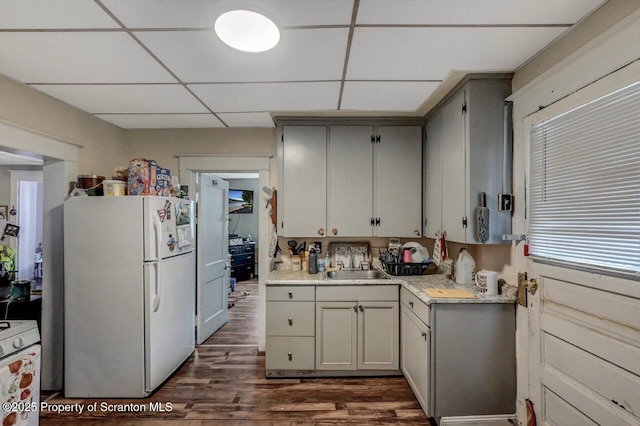 401-405 S Main Ave, Scranton, PA 18504 - kitchen featuring a sink, white appliances, light countertops, dark wood finished floors, and gray cabinets