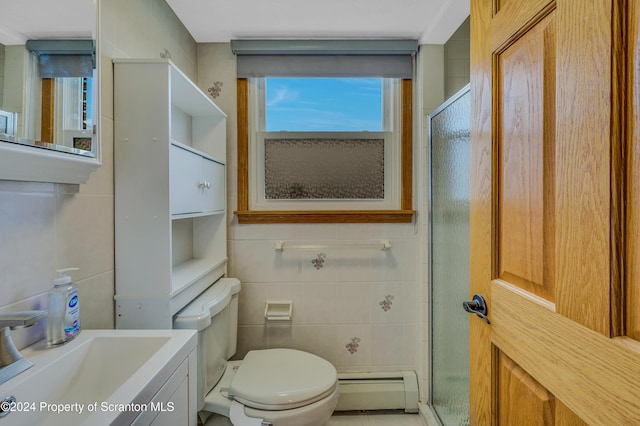 bathroom featuring an enclosed shower, a baseboard radiator, toilet, and tile walls