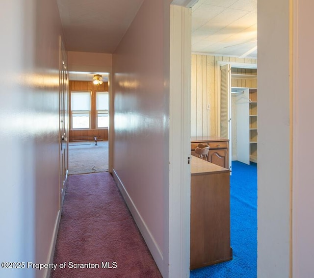 hallway with dark carpet and wooden walls