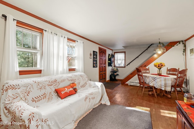 living room with ornamental molding, baseboard heating, and dark wood-type flooring