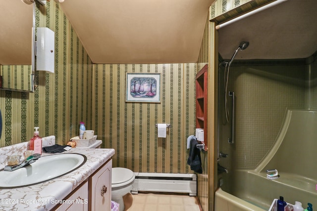 full bathroom featuring tub / shower combination, a baseboard heating unit, lofted ceiling, toilet, and vanity