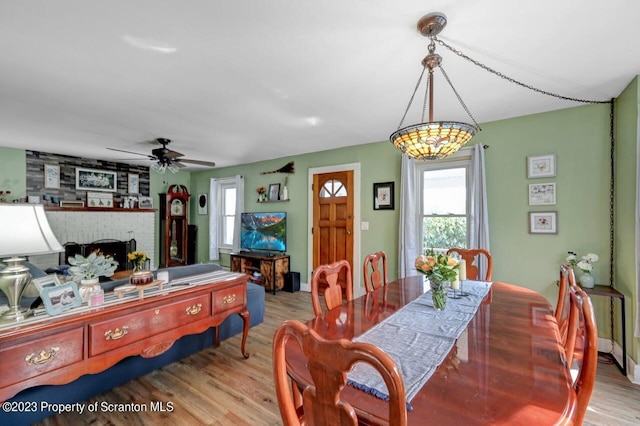 dining room with light wood-type flooring, a brick fireplace, and ceiling fan