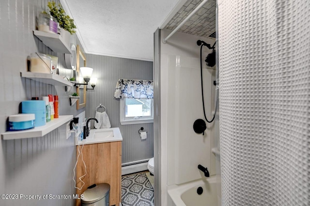 full bathroom featuring vanity, crown molding, a baseboard radiator, washtub / shower combination, and toilet